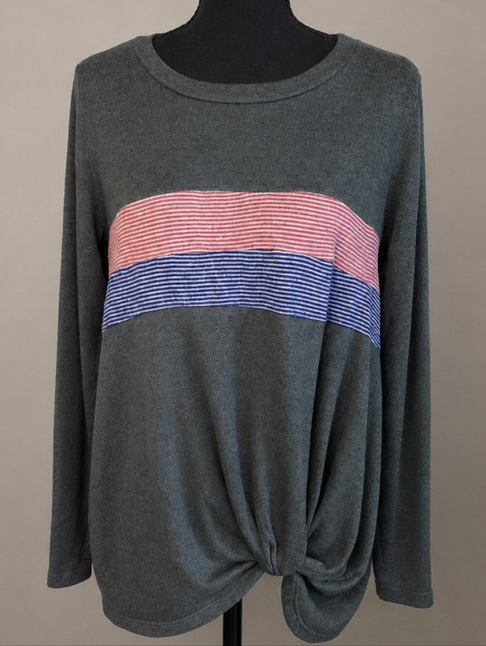 Promesa Green Crewneck Sweater with Pink and Blue Stripe